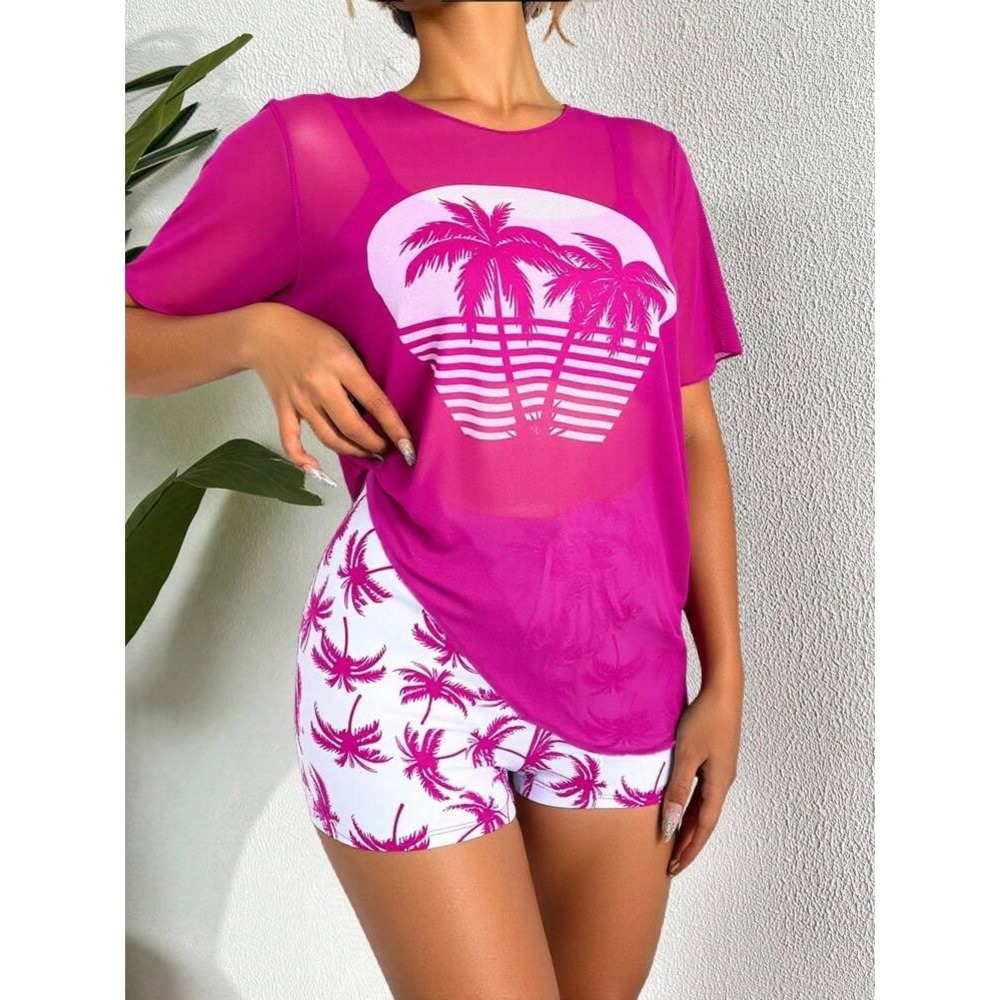 3 Piece Hot Pink Palm Tree Swimwear Set Mesh Top Bikini and Shorts